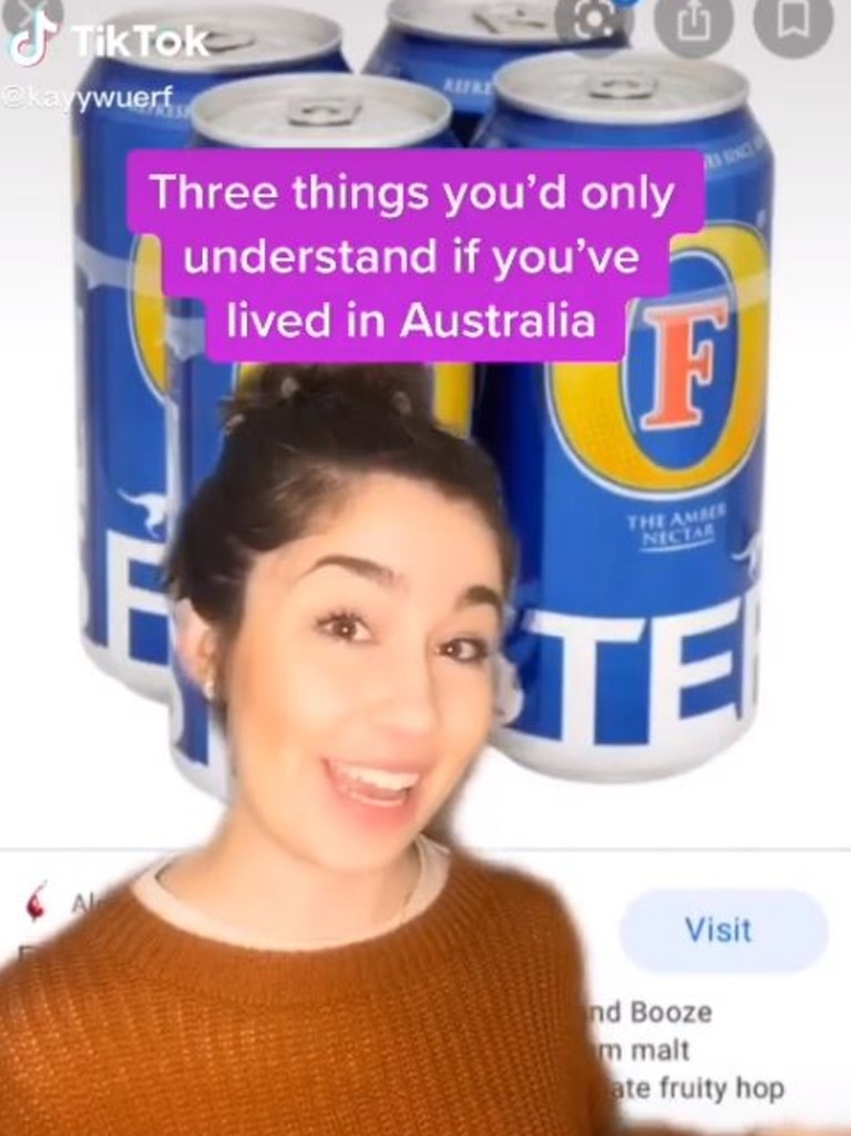 She revealed no Aussie would ever drink Foster’s. Picture: TikTok/Kaymie Wuerfel