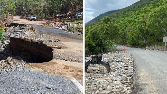 Repairs to a collapsed section of the Captain Cook Highway before and after. Photo: TMR