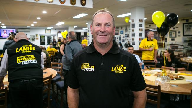 Lambie Network Lyons candidate Troy Pfitzner at the political party's 2024 Tasmanian State Election event at the Launceston RSL. Picture: Patrick Gee