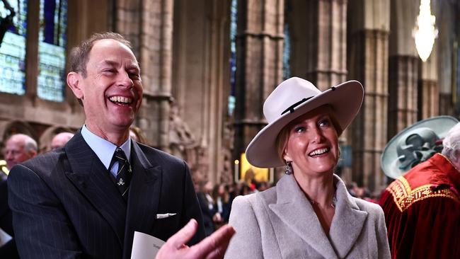 LONDON, ENGLAND - MARCH 11: Prince Edward, Duke of Edinburgh and Sophie, Duchess of Edinburgh speak with New Zealand singer Benson Wilson (R) as they attend an annual Commonwealth Day Service at Westminster Abbey on March 11, 2024 in London, England. (Photo by Henry Nicholls - WPA Pool/Getty Images)