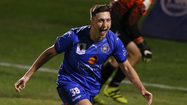 Liam Boland of Avondale FC celebrates his converted penalty during the FFA Cup Round of 32 match between Avondale FC and the Marconi Stallions at ABD Stadium in Melbourne, Wednesday, July 25, 2018. (AAP Image/George Salpigtidis) NO ARCHIVING, EDITORIAL USE ONLY