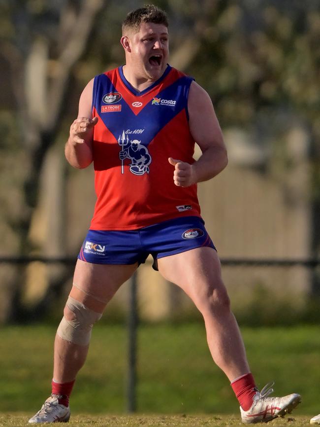 Bryce Kimuliatis celebrates a goal for Mernda. Picture: Andy Brownbill