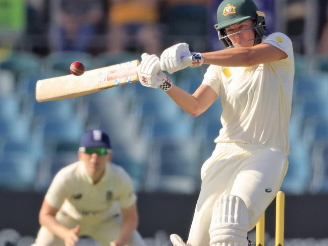 CANBERRA, AUSTRALIA - JANUARY 27: Tahlia McGrath of Australia bats during day one of the Women's Test match in the Ashes series between Australia and England at Manuka Oval on January 27, 2022 in Canberra, Australia. (Photo by Mark Evans/Getty Images)