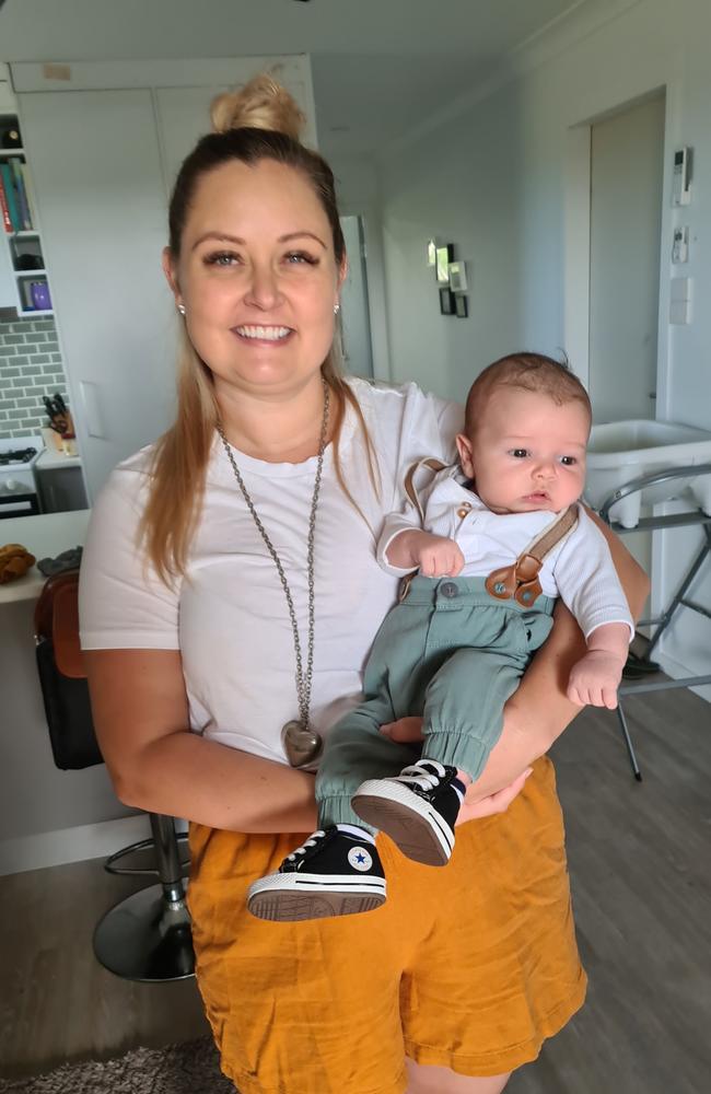 Amy Puddy, 32, with baby Nate Andersen who was born at Mackay Base Hospital on March 23, 2021. Ms Puddy says her artery was cut during a caesarean. Picture: Contributed