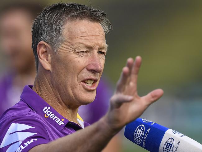 SUNSHINE COAST, AUSTRALIA - AUGUST 30: Storm coach Craig Bellamy speaks in a pre game game television interview  before the start of the round 16 NRL match between the Melbourne Storm and the Manly Sea Eagles at Sunshine Coast Stadium on August 30, 2020 in Sunshine Coast, Australia. (Photo by Ian Hitchcock/Getty Images)