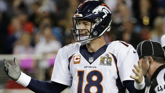 Denver Broncos’ Peyton Manning (18) reacts after getting sacked during the second half of the NFL Super Bowl 50 football game against the Carolina Panthers, Sunday, Feb. 7, 2016, in Santa Clara, Calif. (AP Photo/Julio Cortez)