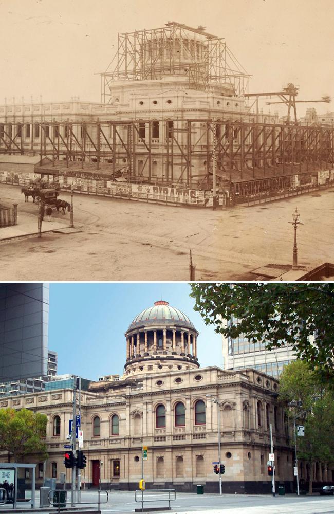 The Supreme Court on Lonsdale St under construction circa 1875, and as it is now. Pictures: State Library of Victoria, Herald Sun archive