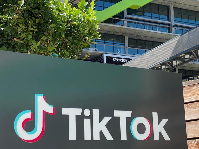 The logo of Chinese video app TikTok nearby its new office space in Los Angeles. Picture: AFP