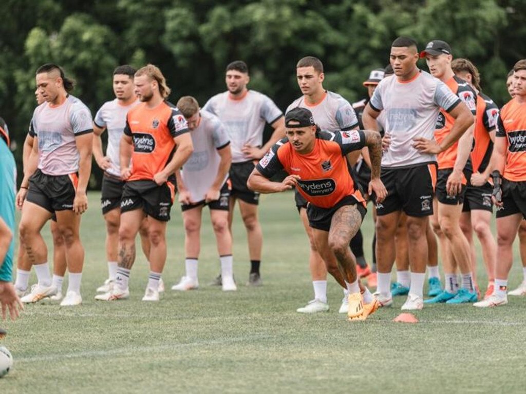 Former Dragon Jayden Sullivan puts in on day one of pre-season for Wests Tigers. Picture: Tigers