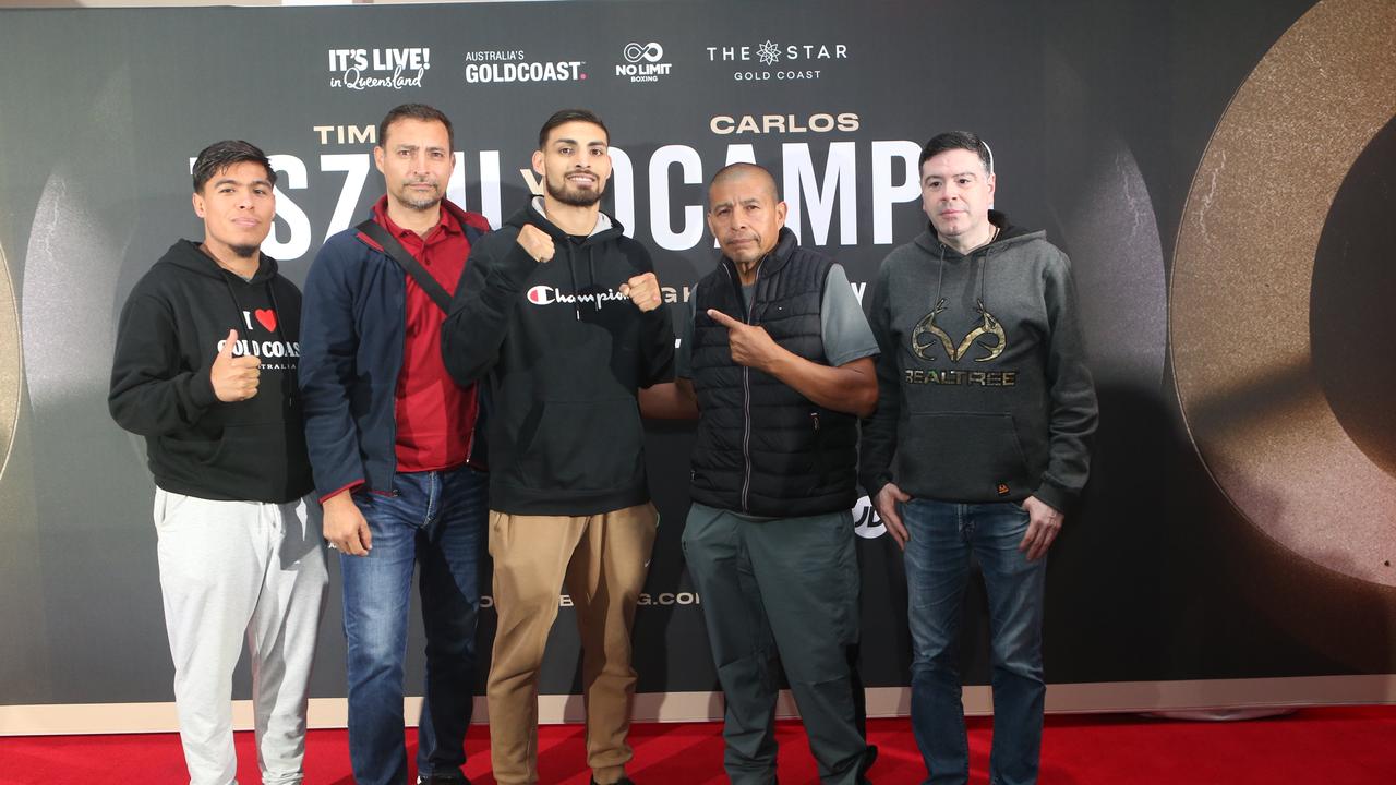 Tim Tszyu v Carlos Ocampo fight launch party, Nineteen at the Star, Broadbeach. (L-R) are Rafael Guzman Jr, Alberto Ocampo, Carlos Ocampo, Rafael Guzman Sr. and Conrrado Guerrero.Picture by Richard Gosling