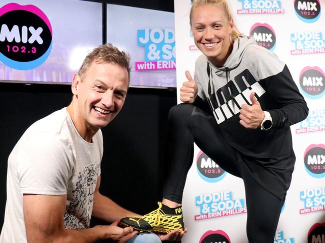 Erin Phillips and Mix 102.3 breakfast host Mark Soderstrom. Picture: Supplied.