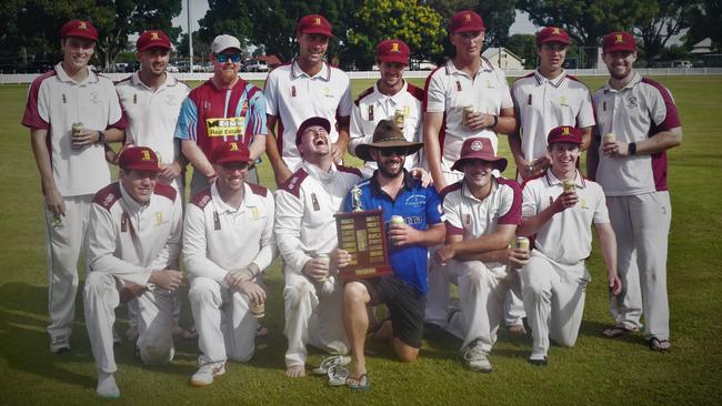 Donkey horsing around: Ulmarra Hotel Tucabia Copmanhurst's Matt Dougherty rubs the premiership win into his Brothers Clocktower Hotel opponents by photobombing their team photo with the premiership trophy after the 2020/21 GDSC Premier League grand final at Ellem Oval on Sunday, 28th March, 2021.