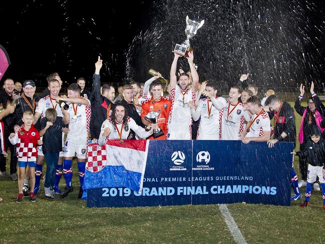 The Gold Coast Knights celebrate their 2019 NPL Queensland grand final win over Olympic. Picture: Ian Judd/Football Queensland