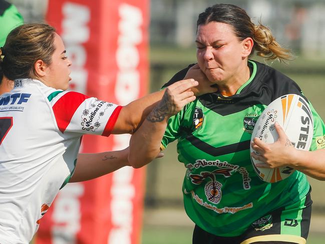 Palmerston's Ashley Stott takes a hit-up during her team’s 26-6 win over Nightcliff in the 2020 NRL NT women's preliminary final. Picture GLENN CAMPBELL