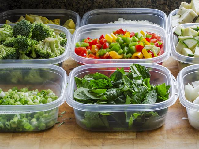 Chopped vegetables for cooking or storage in plastic containers