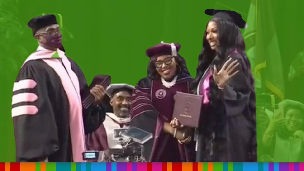 In Megan's graduation video, the crowd roared as her real name – Megan Pete – was announced.