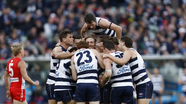 Cats players flock to Joel Selwood after the win. Picture: Darrian Traynor/AFL Photos/via Getty Images