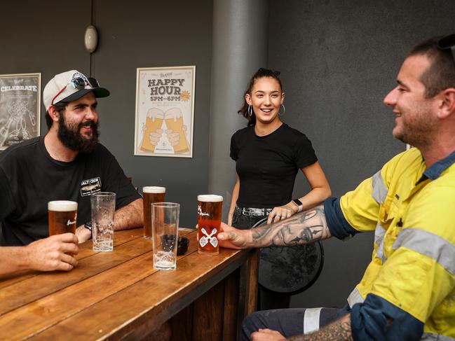 Lewis Shepherd, Mel Rizza and Kris Marshall at the Blanche Bar in the boomtown of Karratha. Picture: Colin Murty