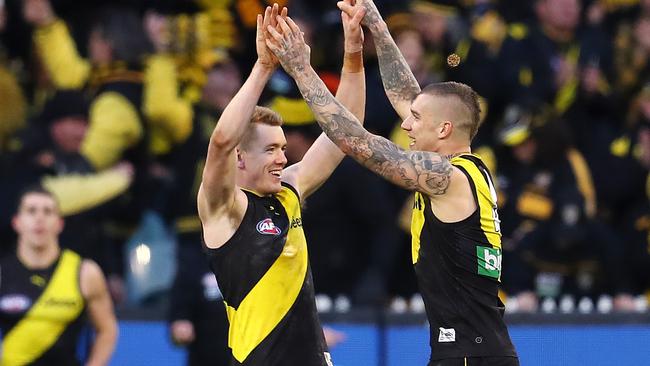 Jacob Townsend celebrates a goal with Dustin Martin. Picture: Michael Klein