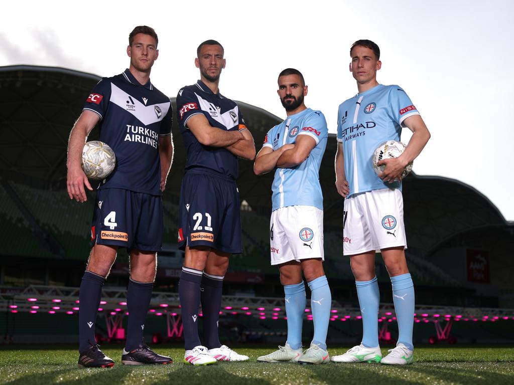 Melbourne Victory duo Lachlan Jackson and Roderick Miranda alongside Melbourne City’s Aziz Behich and Kai Trewin. Picture: Getty Images