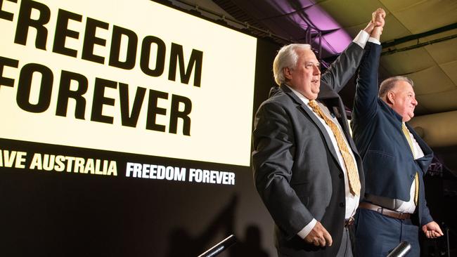 Clive Palmer and Craig Kelly address the crowd at the United Australia Party's national launch at the Palmer Coolum Resort. Picture: Brad Fleet