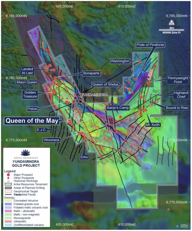 Yundamindra project map showing prospect locations over total magnetic intensity, interpreted geology, major structures and geophysical targets. Pic: ARI