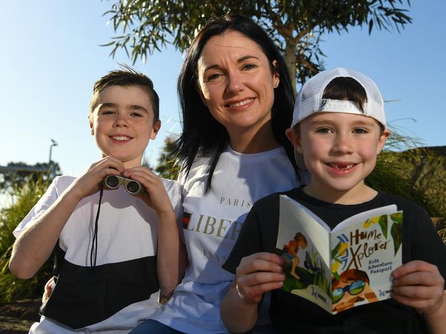 Mayor Carly Moore with sons and HumeXplorers Lachlan and Hudson at Anzac Park, Craigieburn. Picture: James Ross