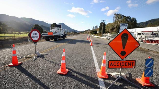 Road block at the scene of the fatal crash on State Highway 1 south of Picton this morning. Picture: George Heard