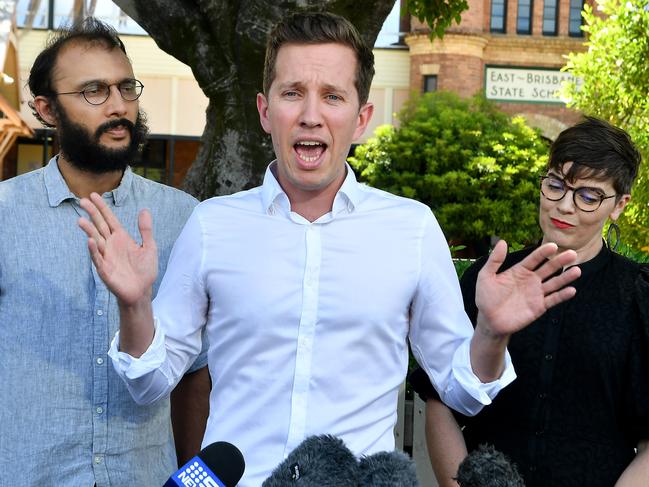 BRISBANE, AUSTRALIA - NewsWire Photos February 17, 2023:  Jonathan Sriranganathan, Councillor for the Gabba, Max Chandler-Mather Greens MP for Griffith and Amy MacMahon, MP for South Brisbane at East Brisbane State school.Picture: NCA NewsWire / John Gass