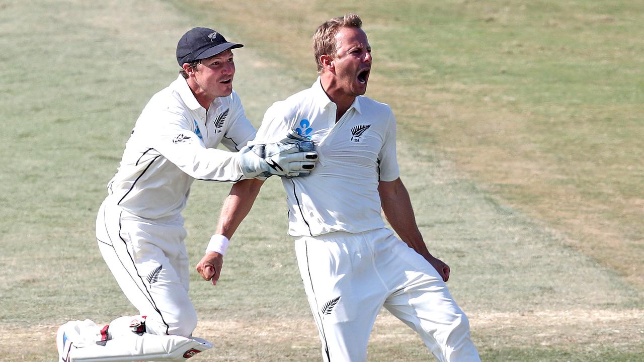 Neil Wagner celebrates with BJ Watling in New Zealand’s big win over England.