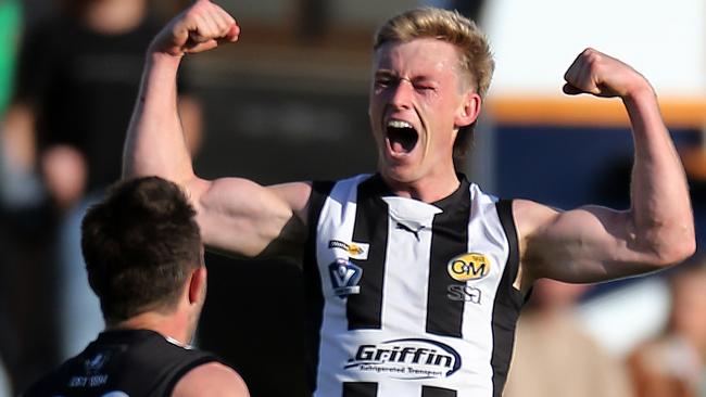 Joe Richards celebrates a goal for Wangaratta in this year’s Ovens and Murray league grand final. Picture: Yuri Kouzmin