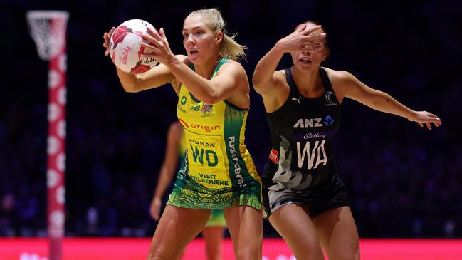 LONDON, ENGLAND - JANUARY 20: Kate Moloney of Australia Origin Diamonds holds off Mila Reuelu-Buchanan of New Zealand Silver Ferns during the Vitality Netball Nations Cup match between Australia Origin Diamonds and New Zealand Silver Ferns at OVO Arena Wembley on January 20, 2024 in London, England. (Photo by Charlie Crowhurst/Getty Images for England Netball)