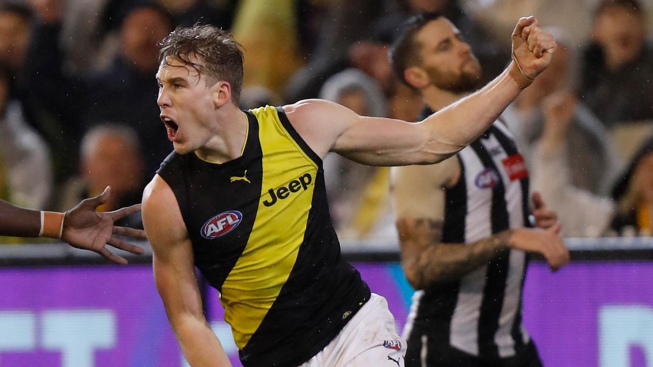 Tom Lynch celebrates one of his five goals on Friday night.