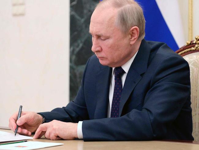 Russian President Vladimir Putin chairs a Security Council meeting via videolink in Moscow. Picture: Mikhail Klimentyev/ Sputnik/AFP