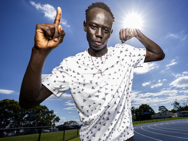 Sprinter Gout Gout at QSAC after his record sprints at the 2024 Australian All Schools Athletics Championships, Sunday, December 8, 2024 - Picture: Richard Walker