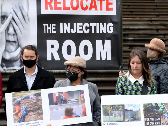 MELBOURNE, AUSTRALIA - NewsWire Photos MAY 04 2023: Protestors gather at Parliament House in Melbourne to request the government relocate the safe injection room from its current location adjacent to a school in North Richmond. Picture: NCA NewsWire / Andrew Henshaw