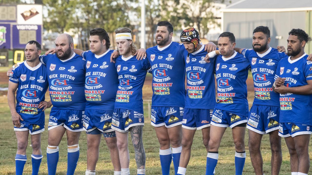 Newtown Lions players line up before an A-grade game against Brothers in 2022. Newtown have been kicked out of the Toowoomba Rugby League following a review of their 2024 season. Picture: Nev Madsen.