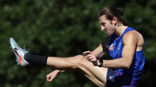 Western Bulldogs training at their hub, The Royal Pines, Gold Coast. 28/07/2020. Marcus Bontempelli of the Bulldogs kicks at goal  during todays very light session before taking on the Tigers tomorrow   . Pic: Michael Klein