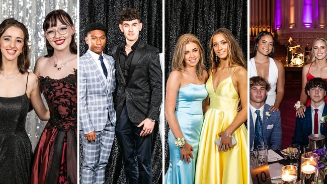 John Paul College year 12 students got away from their study books for a night to remember at Brisbane City Hall for the school's 2022 formal. From Left; <span id="U82428982054C0H">Annaliese</span> Moss, Amelie Baron; Laurence Rice, Isaiah Riquelme, Ella Farrell, Summer Sullivan and Kirsten McEwan, Soraya Hamson with Riley Gill and Finn Laffey.