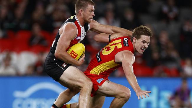 Sebastian Ross pushes away Noah Anderson as the Saints maintained their unbeaten run. Picture: Darrian Traynor/Getty Images