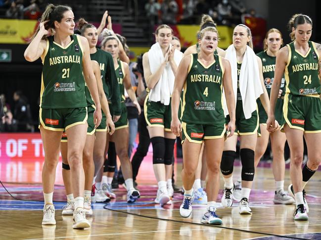 SYDNEY, AUSTRALIA - JULY 01: Players of Australia look dejected after defeat during the 2023 FIBA Women's Asia Cup match between Australia and China at Sydney Olympic Park Sports Centre on July 01, 2023 in Sydney, Australia. (Photo by Brett Hemmings/Getty Images)