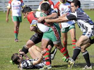 Magpies Ryan Binge and DJ Eamens make a tackle during the NRRRL match between the Magpies and Northern United at Maclean Showground on Sunday 9th August, 2015. Photo Debrah Novak / The Daily Examiner. Picture: Debrah Novak