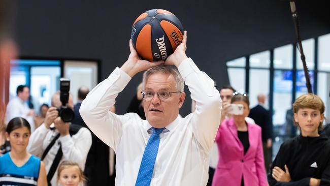 Prime Minister Scott Morrison was playing basketball earlier in the campaign. Picture: Jason Edwards