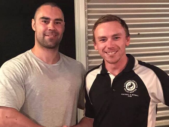 Kieran Stone (left) after signing for Karoonda Mallee Magpies in 2020. He has starred for Sedan-Cambrai this year. Picture: Karoonda Mallee Magpies