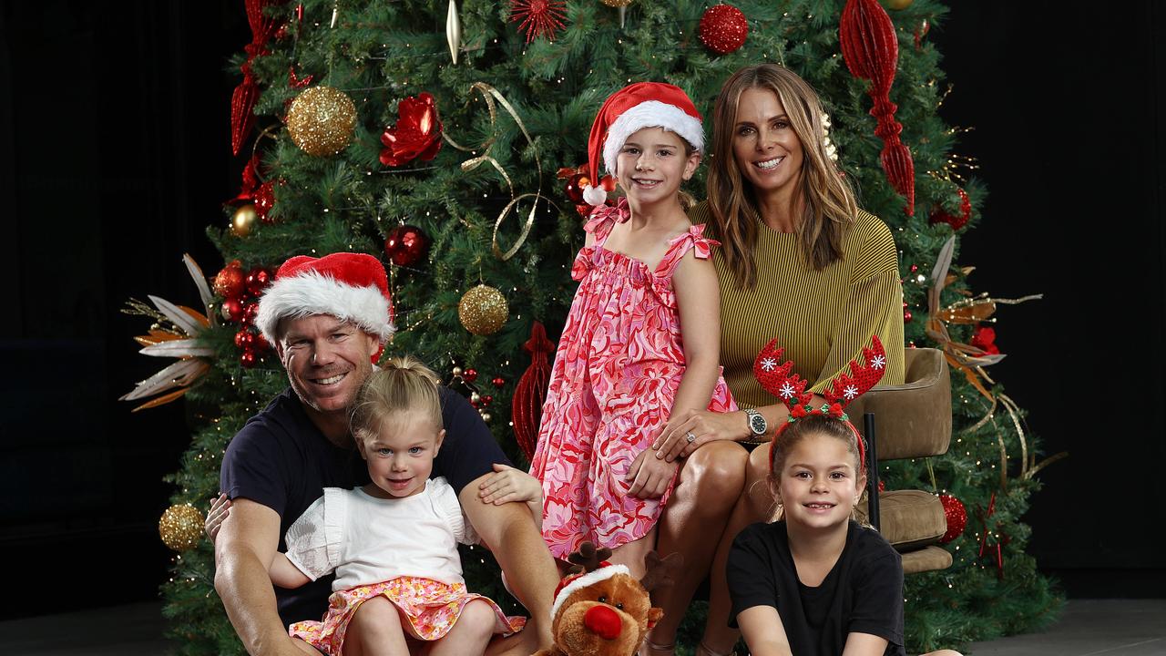 David Warner with wife Candice and children Indi, Ivy and Isla as they prepare to celebrate Christmas Day in Melbourne. Picture: Michael Klein