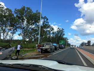 Cars stuck in traffic south of Gympie at 1pm today following a pile up on the Bruce Hwy.