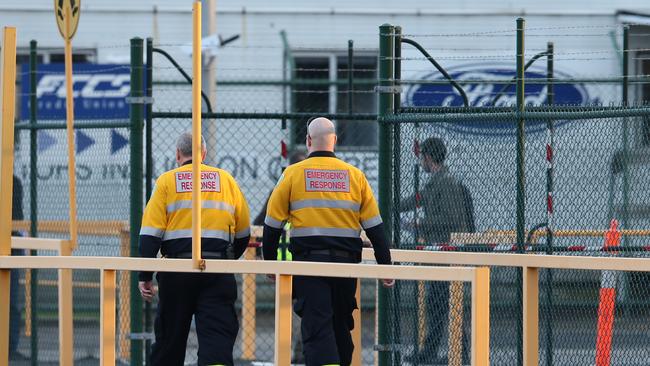 Workers arrive for their final shift at the Ford Broadmeadows plant. Picture: David Crosling