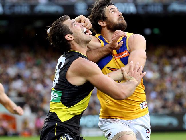 Alex Rance and Josh Kennedy battle it out.