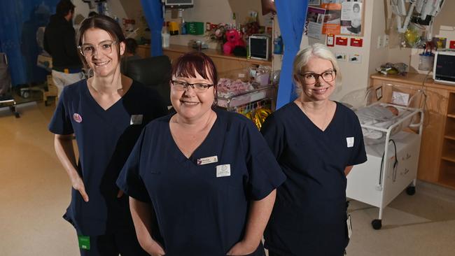 Meet the nurses taking care of our sickest babies at the Lyell McEwin's special care nursery: Neonatal RN Amy Caruana, Midwife Unit Manager Monica Ryan and RN Penny Miller. Picture: Keryn Stevens