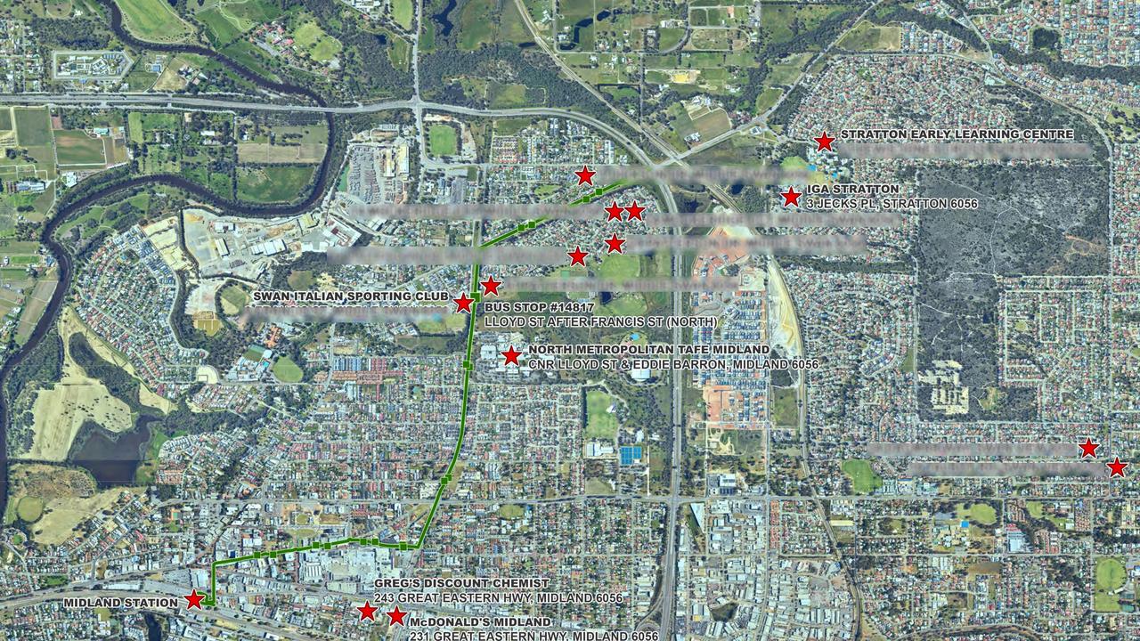 A map showing places around Middle Swan where the accused were hunting school kids around the time Cassius Turvey was allegedly struck and two other boys were snatched off the street. Picture: WA Police